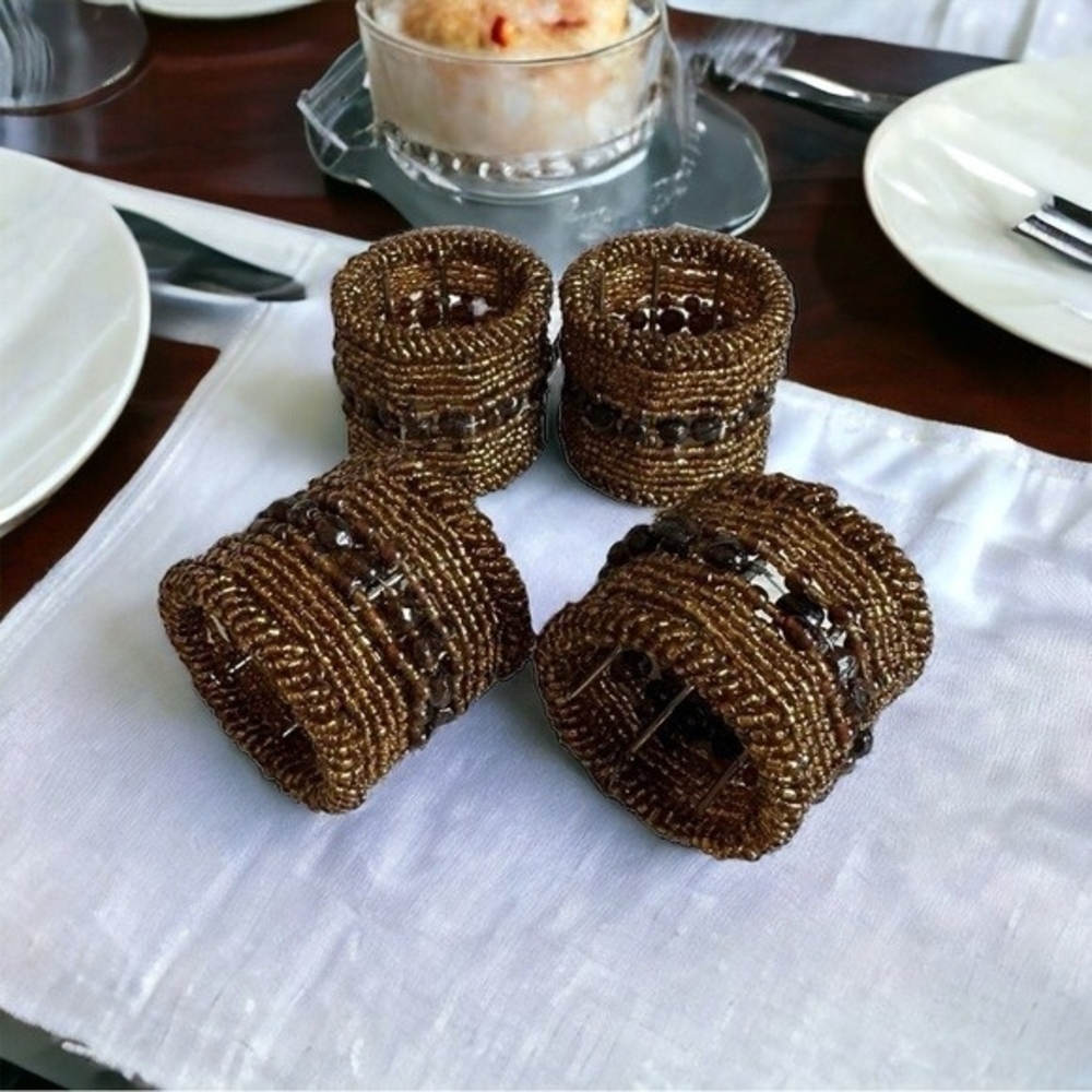 Vintage Set of 4 Copper Handmade Micro Beaded Napkin Rings Moroccan Napkin Rings